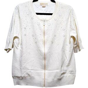 Michael Kors XL Women's White Cardigan With Rhinestone Floral Embellishments 100